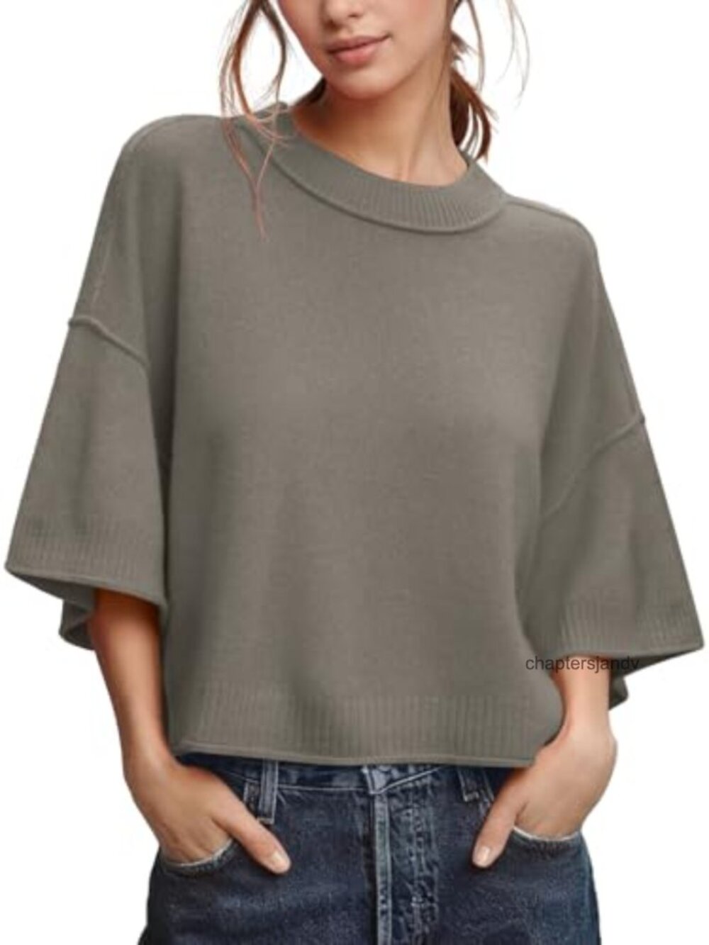 Oversized Cropped Knit Pullover Sweater 3/4 Sleeve Crew Neck Casual